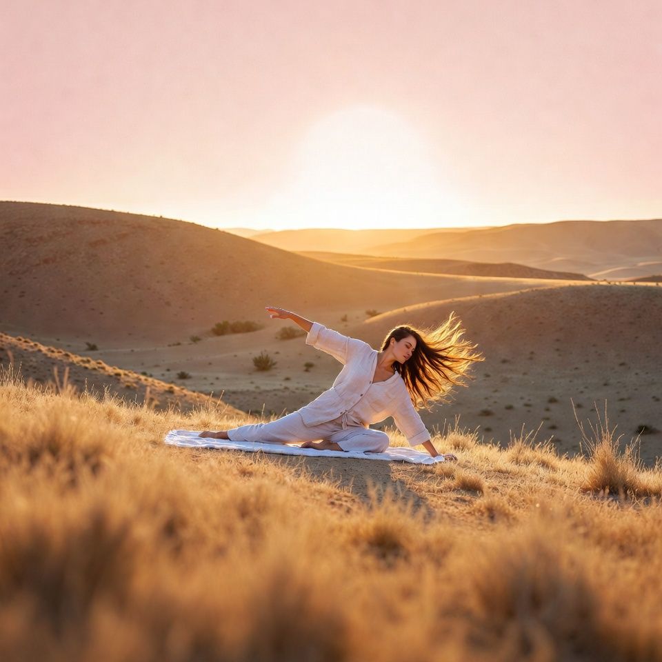 A woman in flowing linen practicing yoga on a white rug atop golden Agafay hills at sunrise, soft pink sky
