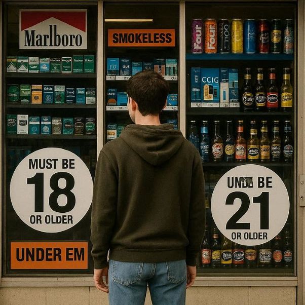 a person standing in front of a convenient store looking at products not good for young adults
