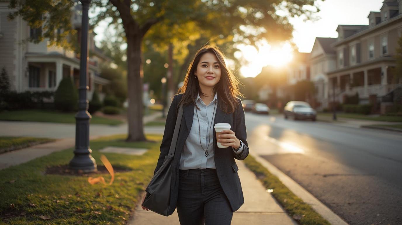 Young professional enjoys peaceful neighborhood stroll beside historic homes during bright autumn afternoon.